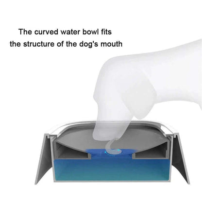 Curved floating dog water bowl designed to fit the structure of a dog's mouth and reduce spillage.