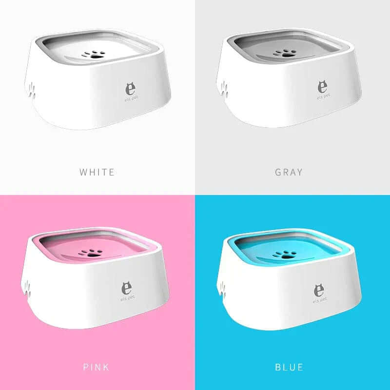Floating dog water bowl in four colors: white, gray, pink, and blue, showcasing its innovative design for clean drinking.