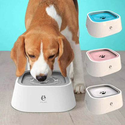 Dog drinking from a floating dog water bowl, available in multiple colors, designed to reduce splashing and mess.